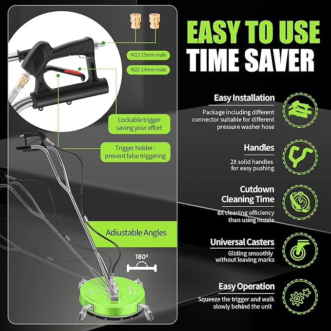 20" Pressure Washer Surface Cleaner with 4 Wheels - Coated Green Dual Handle Stainless Steel Surface Cleaner for Pressure Washer Attachment for Concrete, Patio, Sidewalk, Deck and Driveways - PWS20G