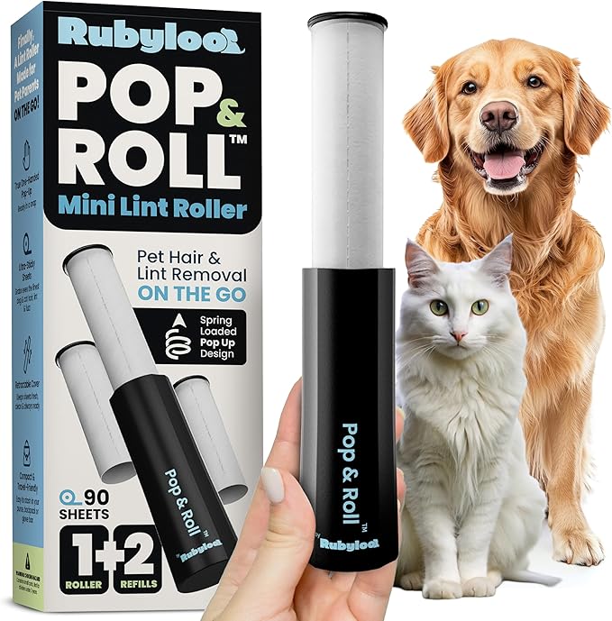 Rubyloo Mini Lint Roller for Pet Hair (1 Pack + 2 Refill Rolls) - Travel Size Sticky Pet Hair Roller with Retractable Cover - Cat & Dog Fur Remover for Clothes