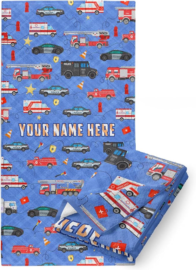 Police Cars Personalized Beach Towel for Kids, Custom Name