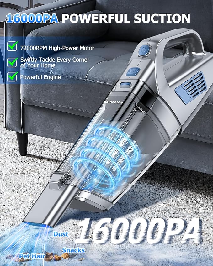BQYPOWER Handheld Vacuum Cordless, 16000PA Strong Suction Hand Held Vacuum Cordless Rechargeable with Multiple Accessories, Portable Car Vacuum Cleaner High Power for Car Home Office