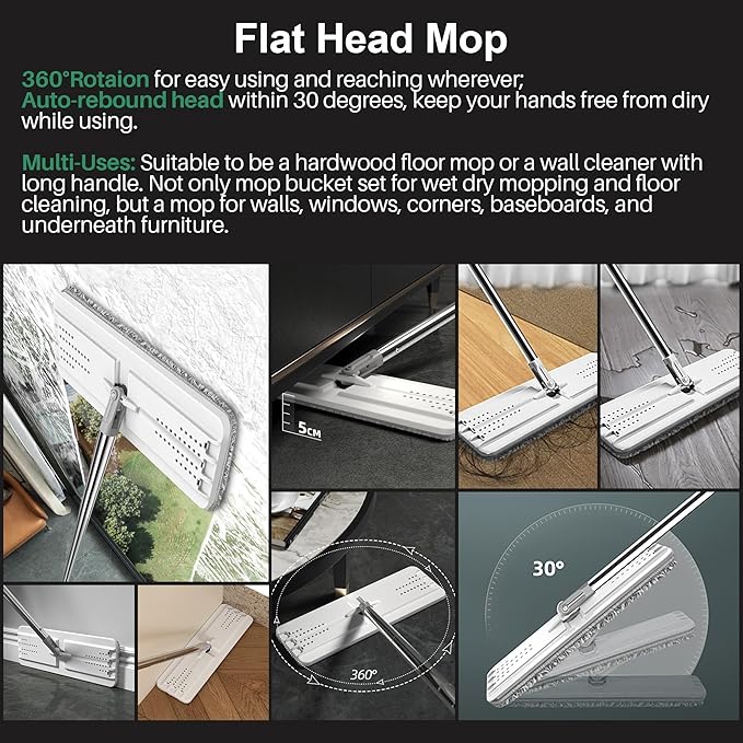 JOYMOOP Flat Mop System, Microfiber Mop and Bucket Set, White, Household & Commercial Floor Cleaning Mop with Long Handle, Wet & Dry Cleaning for Hardwood Floors, Includes 5 Pads
