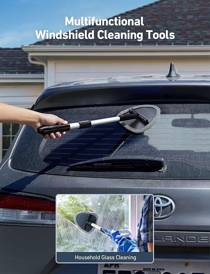 AstroAI 21" Windshield Cleaner Tool, Car Interior Detailing Cleaning Kit with Extendable Handle and 4 Upgraded High-Density Reusable Microfiber Pads, Auto Glass Wiper Brush Kit for Cars, Gray, 2 Pack
