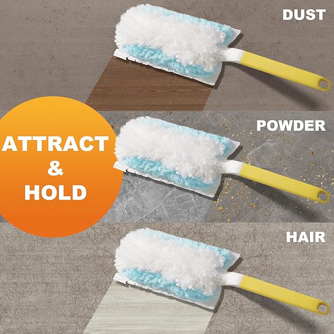 JOYMOOP Disposable Duster for Cleaning, with 2 Handles & 24 Ct Blue Heavy Duty Refills for Swiffer Feather Duster, Household Cleaning Tool for Electronics, Dusting Furniture, Blinds, Pet Hair