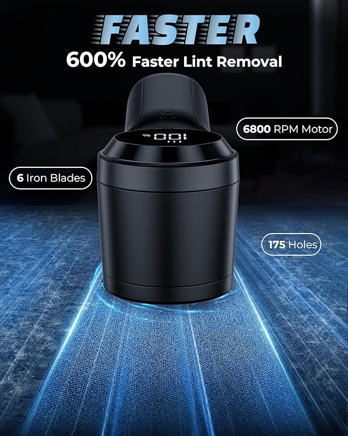 FrSara Fabric Shaver, Rechargeable Lint Remover, 3-Speed Electic Lint Shaver, 6-Blade Sweater Shavers to Remove Pilling, Battery Powered with LED Display for Furniture,Clothes, Upholstery, Black