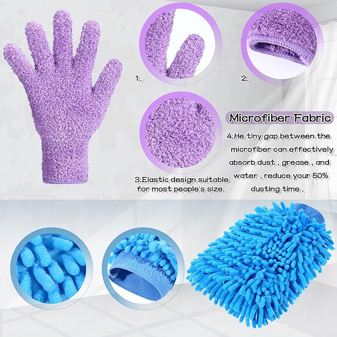 Potchen 6 Pcs Microfiber Dusting Mitt Gloves for Plants Washable Dusting Gloves for House Cleaning Furniture Car Washing