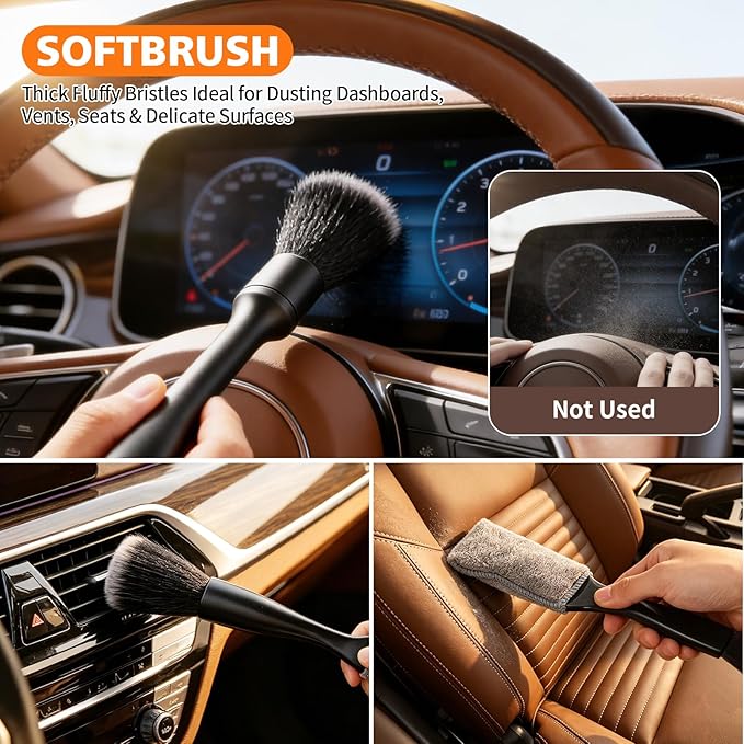 Car Detailing Brush Kit Interior & Exterior Cleaner, Ultra Soft Boars Hair Car Interior Detailing Brushes, 6 Different Detailing Brushes for Auto Detailing, Dashboard, Vents, Wheels and Tires