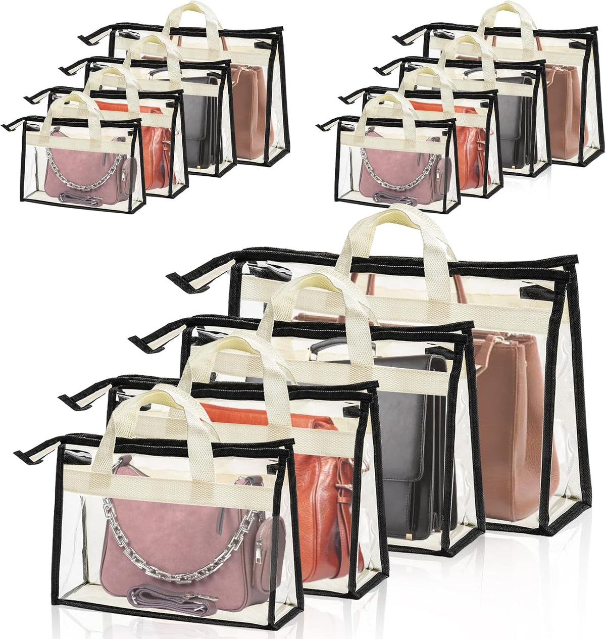 12 Pack Clear Handbag Storage Organizer, Dust Bags for Handbags, Transparent Purse Organizer for Closet, Hanging Handbags Dust Cover Bags with Zipper, Handles and Hooks