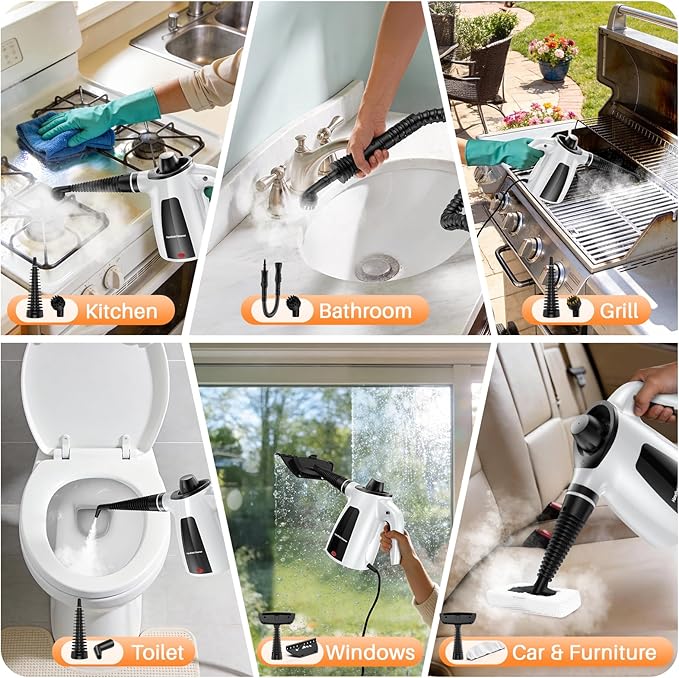LABIGO Steam Cleaner, Pressurized Handheld Multi-Surface Natural Steam Cleaner with 12pcs Accessory & Safety Lock, Portable Steamer for Cleaning Home, Kitchen, Bathroom, Car, Upholstery, Grout, Window