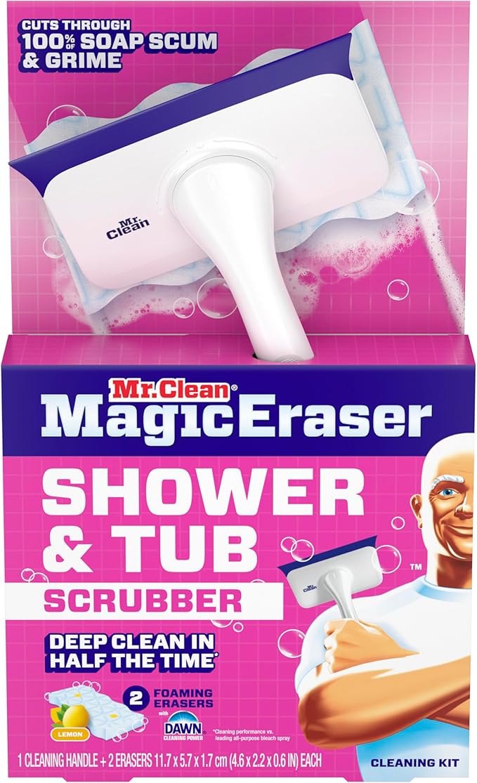 Mr. Clean Magic Eraser Shower & Tub Scrubber, Bathroom Cleaner, All in One Bathroom Cleaner, Lemon Starter Kit, 1 Scrubber & 2 Foaming Magic Erasers (Pack of 8)