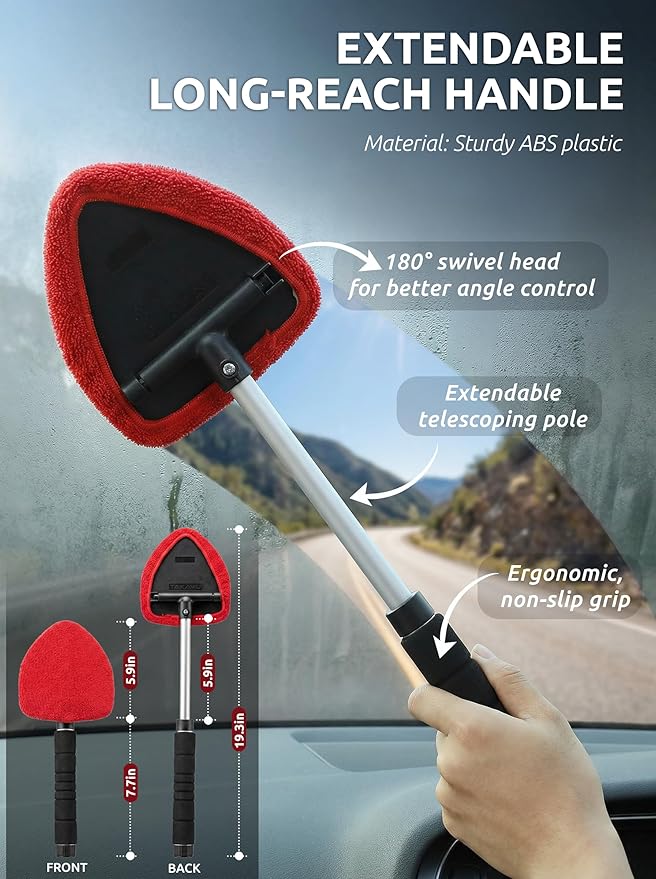 TAKAVU Windshield Window Cleaner Tool, Extendable Long-Reach Handle, Unique Pivoting Triangular Head, 3 Washable Reusable Microfiber Bonnets, Car & Home Inside Interior Exterior Use - Lint Free (Red)