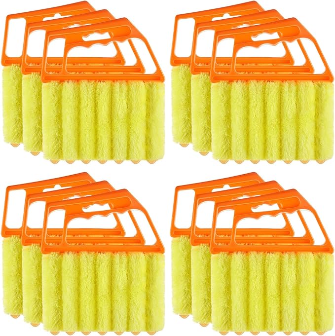Maxdot 12 Pcs Blind Cleaner Duster Tool, 7 Finger Dusting Cleaner Tool, Handheld Blind Dusters for Cleaning, Washable Mini Brush for Air Conditioner Wood Blinds Window Dust Dirt, Yellow