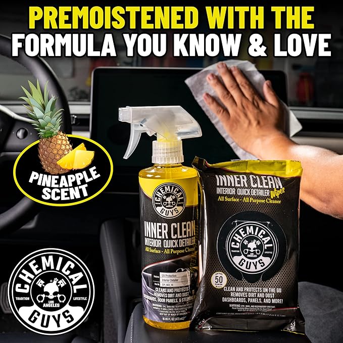 Chemical Guys InnerClean Interior Quick Detailer & Protectant Wipes – 50 Pack Multi Surface Interior Cleaner Wipes for Dashboards, Doors and Seats – Safe for Cars, Trucks, SUVs, RVs and Home Use
