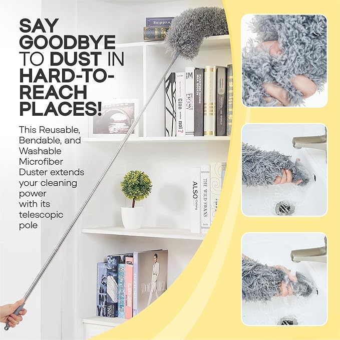 Microfiber Feather Duster with Extension Pole 100 Inches, (8 PCS), Cleaning Brush, Dusters for Cleaning High Ceilings, Cobwebs, Blinds, Cars, Reusable, Washable, Extendable, Ceiling Fan Cleaner Duster