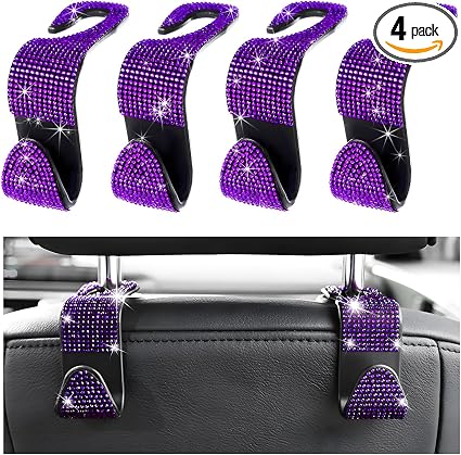 4 PCS Car Seat Headrest Hooks, Bling Crystal Rhinestone Back Seat Hanger Storage Organizer, Sparkly Seatback Holder Hook