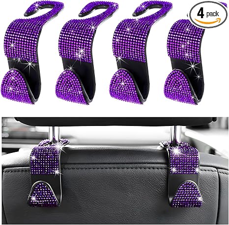 4 PCS Car Seat Headrest Hooks, Bling Crystal Rhinestone Back Seat Hanger Storage Organizer, Sparkly Seatback Holder Hook