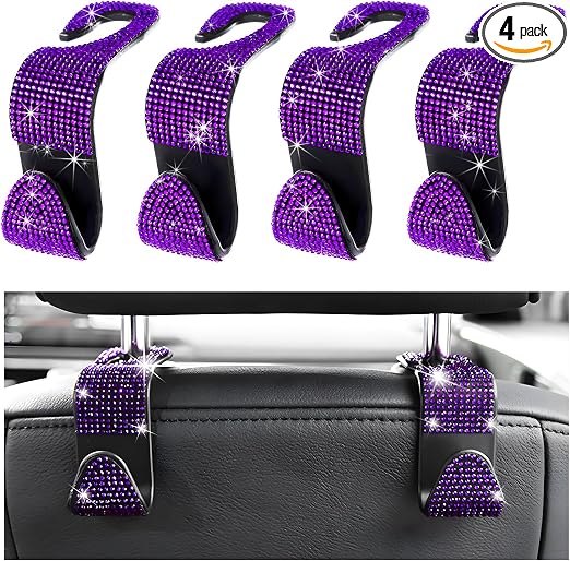 4 PCS Car Seat Headrest Hooks, Bling Crystal Rhinestone Back Seat Hanger Storage Organizer, Sparkly Seatback Holder Hook