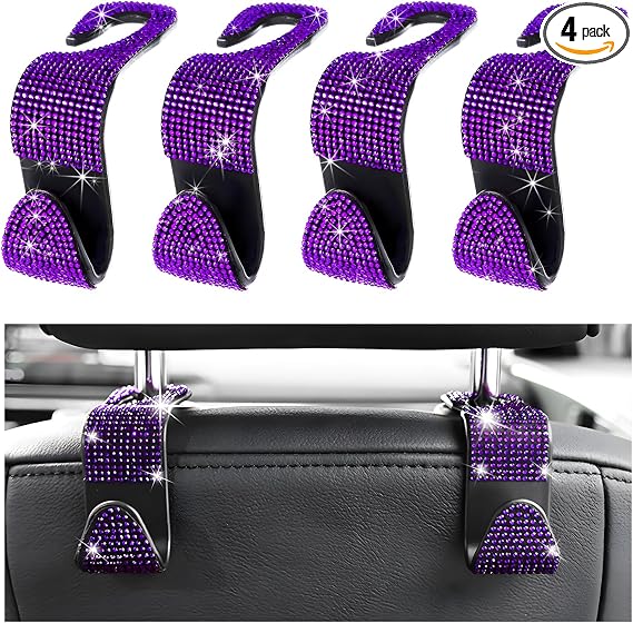 4 PCS Car Seat Headrest Hooks, Bling Crystal Rhinestone Back Seat Hanger Storage Organizer, Sparkly Seatback Holder Hook