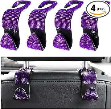 4 PCS Car Seat Headrest Hooks, Bling Crystal Rhinestone Back Seat Hanger Storage Organizer, Sparkly Seatback Holder Hook