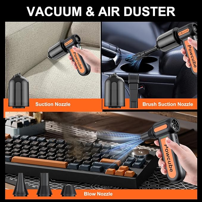 2-in-1 Compressed Air Duster 180000RPM Powerful Motor, Cordless Mini Vacuum Cleaner, 10,000mAh Battery, Portable Electric Air Duster, Dust Blower for Computer, Keyboard, Outdoor, House, Car and Office