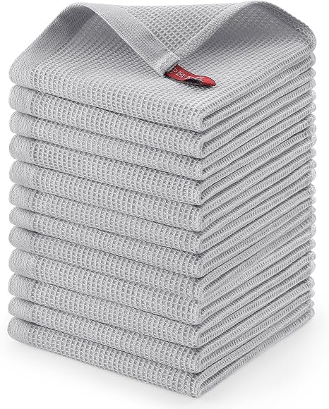 Homaxy 100% Cotton Waffle Weave Dish Cloths, 12 Pack, Light Grey