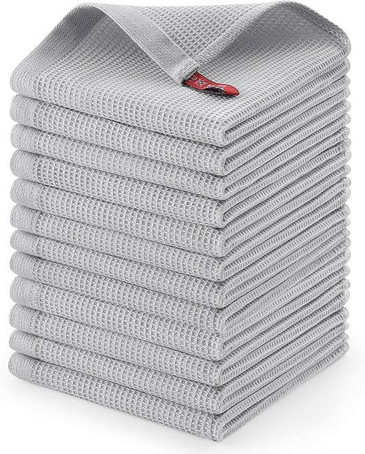 Homaxy 100% Cotton Waffle Weave Dish Cloths, 12 Pack, Light Grey