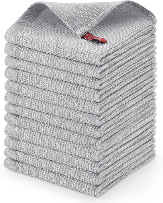 Homaxy 100% Cotton Waffle Weave Dish Cloths, 12 Pack, Light Grey