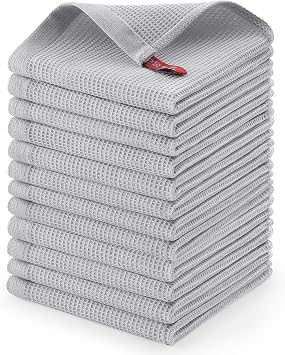 Homaxy 100% Cotton Waffle Weave Dish Cloths, 12 Pack, Light Grey