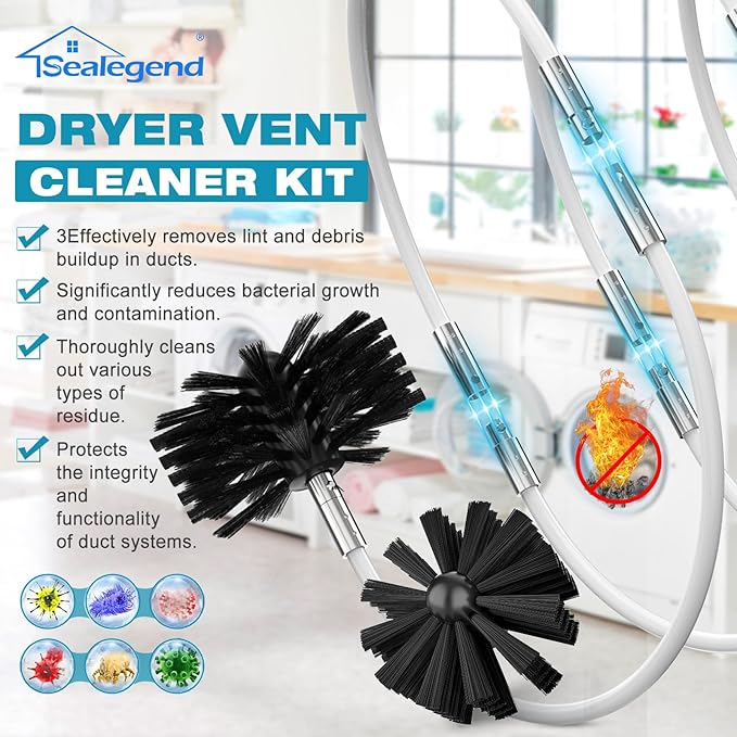 Sealegend 30 Feet Dryer Vent Cleaner Kit, Lint Remover, 2×Upgraded Flexible Quick-Snap Brush with Drill Attachment, Extends Up to 30 Feet for Easy Cleaning, Works with/Without a Power Drill