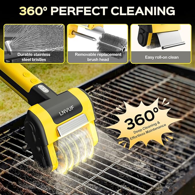 Electric Grill Brush, Grill Cleaner with LED Light, with 800 RPM Motor, 304 Removable Stainless Steel Brush Head, Cordless & Type-C Rechargeable for BBQ, Heavy Duty Grill Cleaning Tool (Yellow)