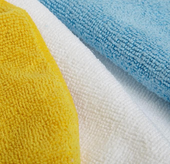 Amazon Basics Microfiber Cleaning Cloths, Highly Absorbent, Scratch-Free, Ultra-Soft, Non-Abrasive, Reusable and Washable, 16" x 12", Blue/White/Yellow, 48-Pack