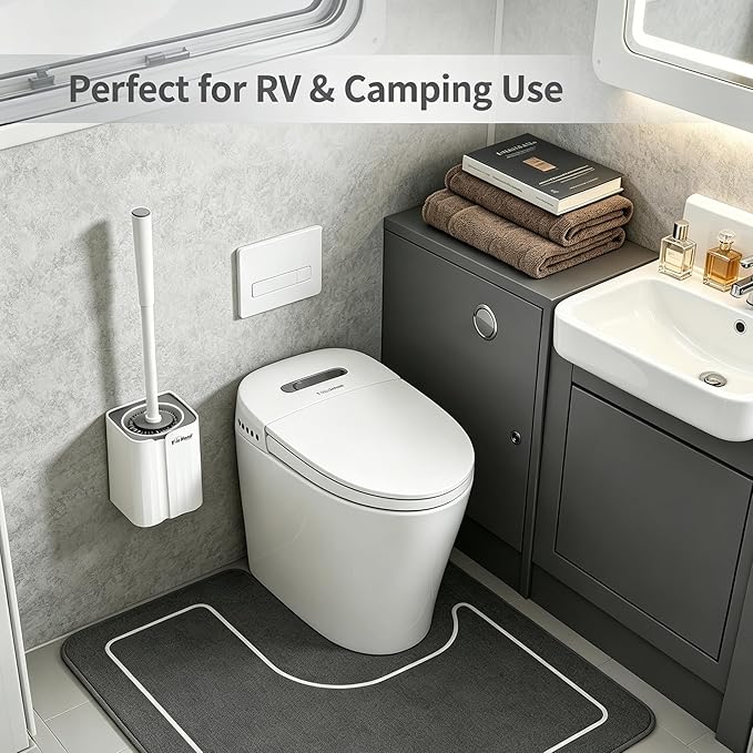 Toilet Brush and Holder Set, Silicone Toilet Bowl Brush, Bathroom Accessories, Durable Toilet Scrubber Bristles, Compact Size for RV, Wall Mountable, Drip-Proof, Deep Cleaning. (White)