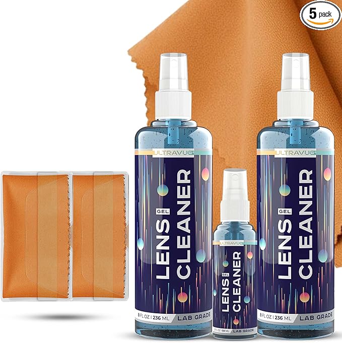 Eyeglass Gel Lens Cleaner Spray Kit - 2 x 8oz and 1 x 2oz Gel Eyeglasses Cleaner Spray Bottle + 2 Microfiber Cloth for Cleaning - Safe for All Lenses (AR Coated Included)