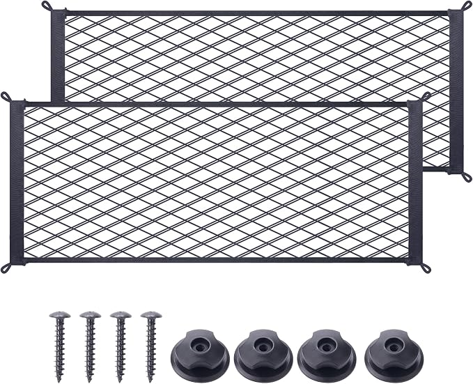 2 Pcs Universal Stretch Mesh Car Mesh Bag with Screws and Hooks for Trunk RV Boats Home Cargo Storage (23.6'' x 9.8'')