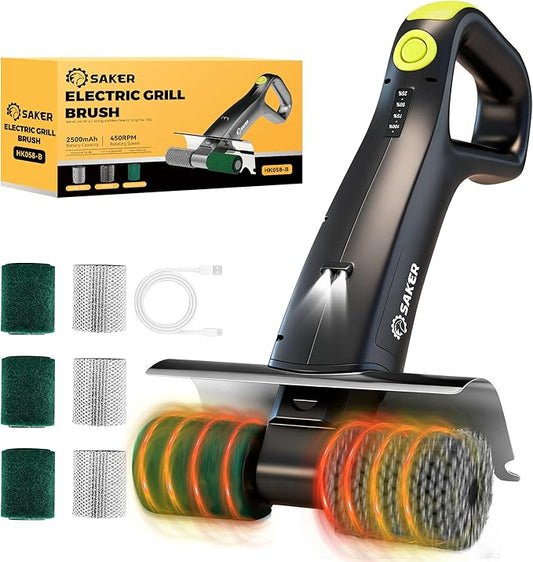 Saker Electric Grill Brush, 450 RPM Automatic BBQ Cleaning Tool with LED Light & 3 Interchangeable Heads – Cordless, Bristle-Free Grill Scrubber for Outdoor Cooking Accessories