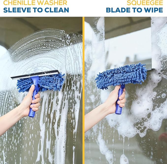 Kleen Handler 2-in-1 Window Squeegee with 60” Extendable Pole, Rotatable Glass Cleaner Tool for Commercial and Residential Use, 2 Reusable Sleeves and 14” Blade