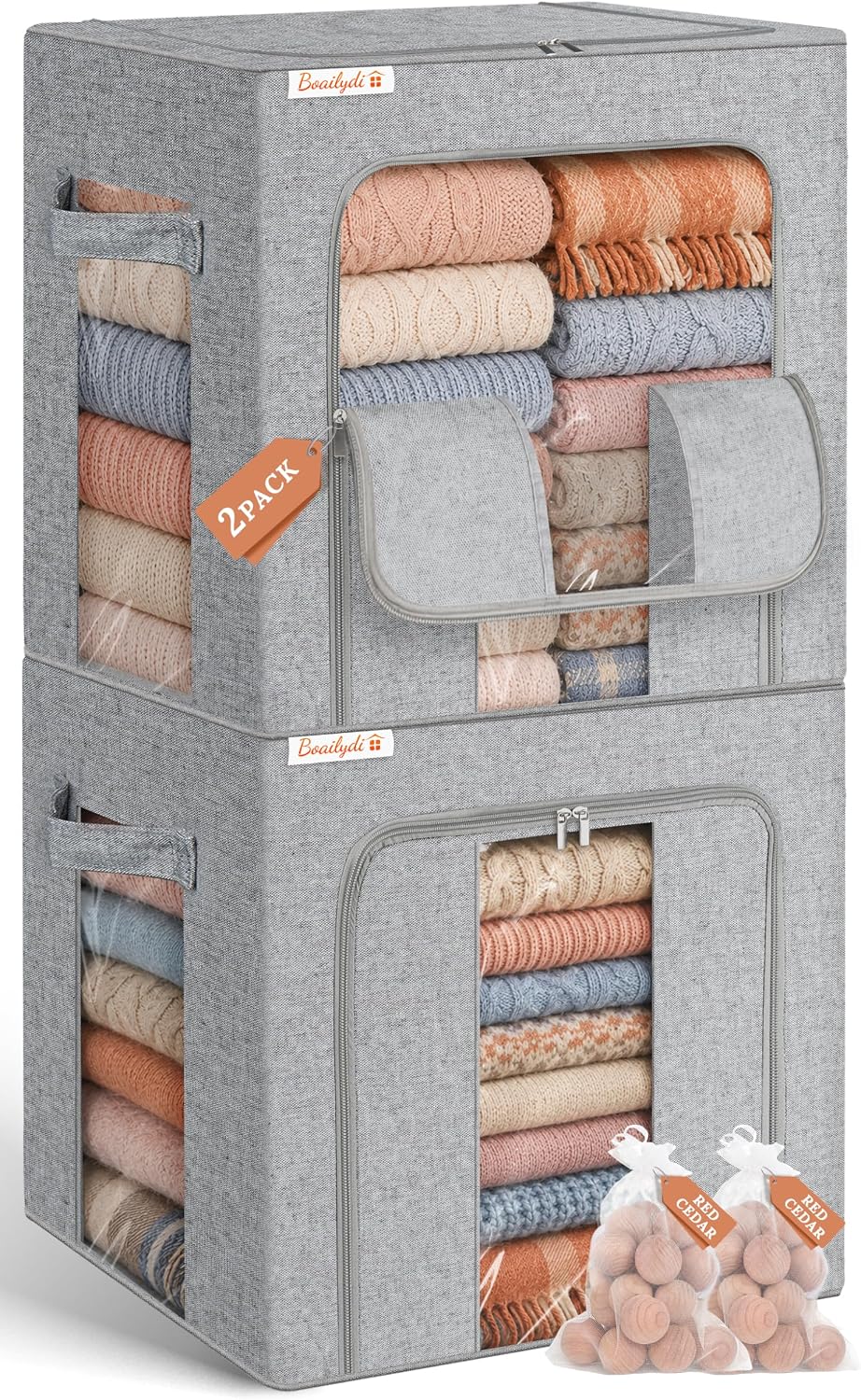 Rigid-Structured Cashmere Sweater Storage Box, 2 Pack, Gray