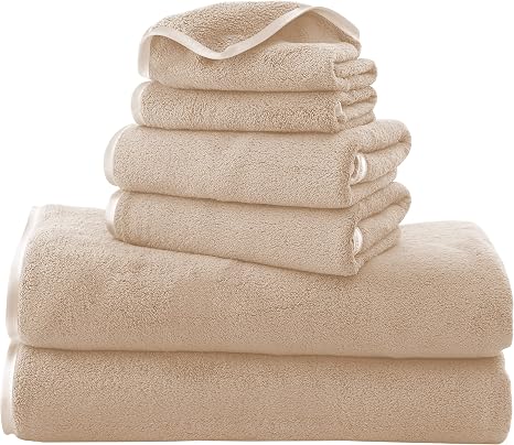 TENSTARS Luxury Silk Hemming Towel Set - Light Thin Quick Drying - 2 Bath Towels 2 Hand Towels 2 Washcloths - Ultra Soft
