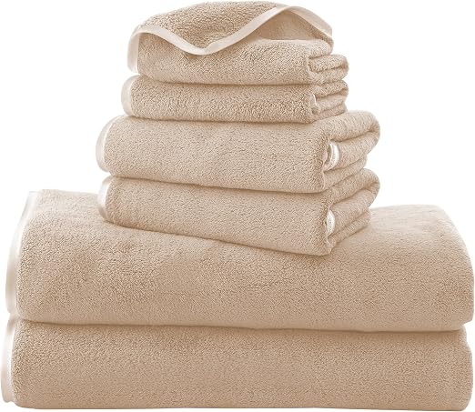 TENSTARS Luxury Silk Hemming Towel Set - Light Thin Quick Drying - 2 Bath Towels 2 Hand Towels 2 Washcloths - Ultra Soft