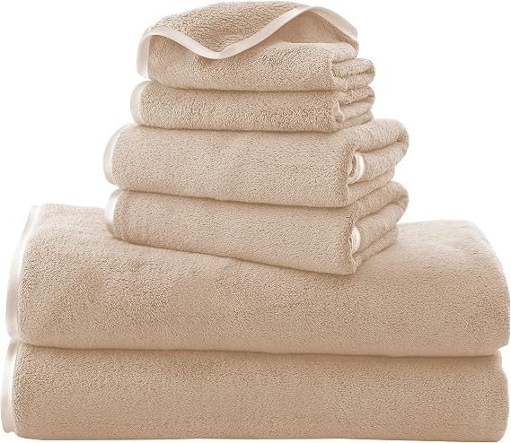 TENSTARS Luxury Silk Hemming Towel Set - Light Thin Quick Drying - 2 Bath Towels 2 Hand Towels 2 Washcloths - Ultra Soft