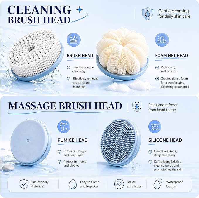 Electric Body Brush Back Scrubber for Shower, Waterproof Long Dual Handle Power Body Scrubber with 4 Heads, Rechargeable Bath Brush & 2 Speeds, for Cleansing, Exfoliating and Massaging Skin