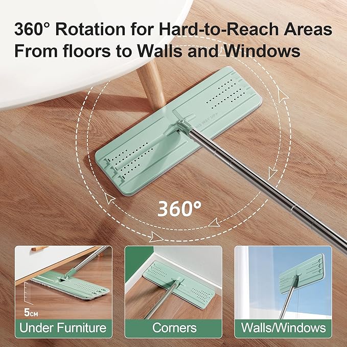 JOYMOOP Flat Mop System, Microfiber Mop and Bucket Set, Green, Commercial & Household Floor Cleaning Mop with Long Handle, Includes 3 Reusable 15" Pads