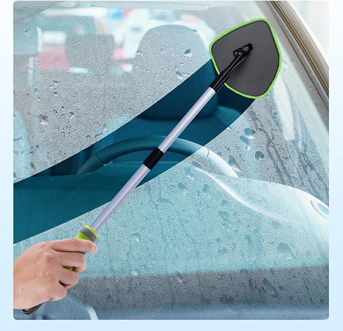 XINDELL Windshield Cleaner Tool, Car Window Cleaning Kit with 4 Reusable Microfiber Pads, Extendable Handle & 360° Rotating Head, Safety Hammer, Streak-Free Auto Glass Wiper for Car Truck SUV RV