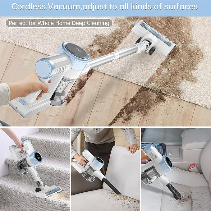 Cordless Stick Vacuum Cleaner, 45KPA Powerful Suction 50Mins Runtime, Lightweight 6-in-1 Vacuum with LED Touch Screen Anti-Tangle for Pet Hair Hard Floor Carpet Home Car