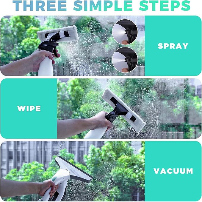 HAUSHOF Electric Window Vacuum Squeegee 11", Vacuum Squeegee Cordless Cleaner Tool Set, Window Vac with 300ml Spray Bottle & 100ml Water Tank for Mirror, Countertop, Showers