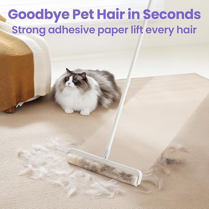 14.17" Extra Large Lint Rollers for Pet Hair, DELOMO Sticky Rollers for Floor with 3 Extendable Handle & 4 Refills (200 Sheets), Long Handle Sticky Mop for Cleaning Carpets, Couches, Furniture, Cars