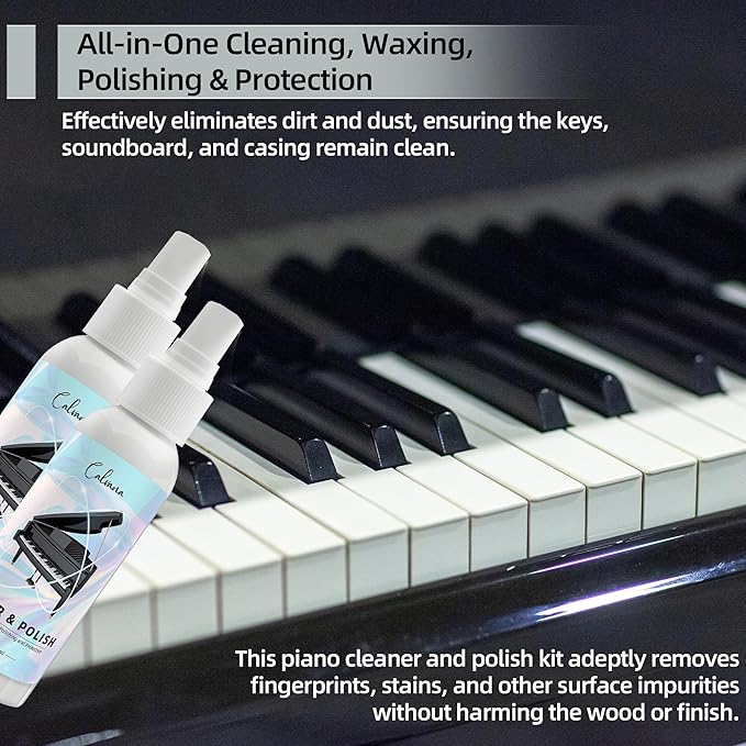 Calvana (2-Pack) 2-in-1 Piano Cleaner and Polish Kit, Includes 12x12 Microfiber Cleaning Cloth, Piano Accessories for Most Piano Surfaces, Grand Piano, Digital Piano, Baby Grand Piano, Violin, 4 OZ×2