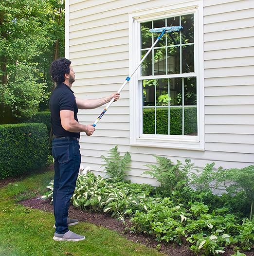 Unger Professional Connect and Clean 18” Grip Microfiber Window Scrubber with 8’ Pole, High-Access Glass Surface Household Cleaning Supplies and Tools, Reusable Microfiber Sleeve
