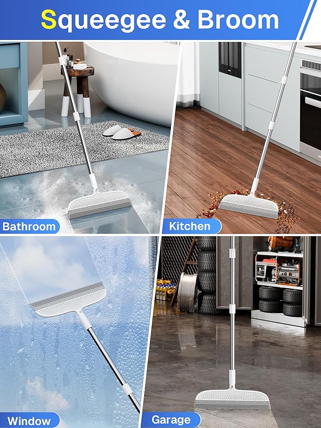 Silicone Floor Squeegee, 180° Rotating Air Broom, Squeegee for Floor with a Long Handle, Magic Broom for Water and Pet Hair Removal on Bathroom Floors, Tile, Deck and Glass, Indoor Cleaning Tool