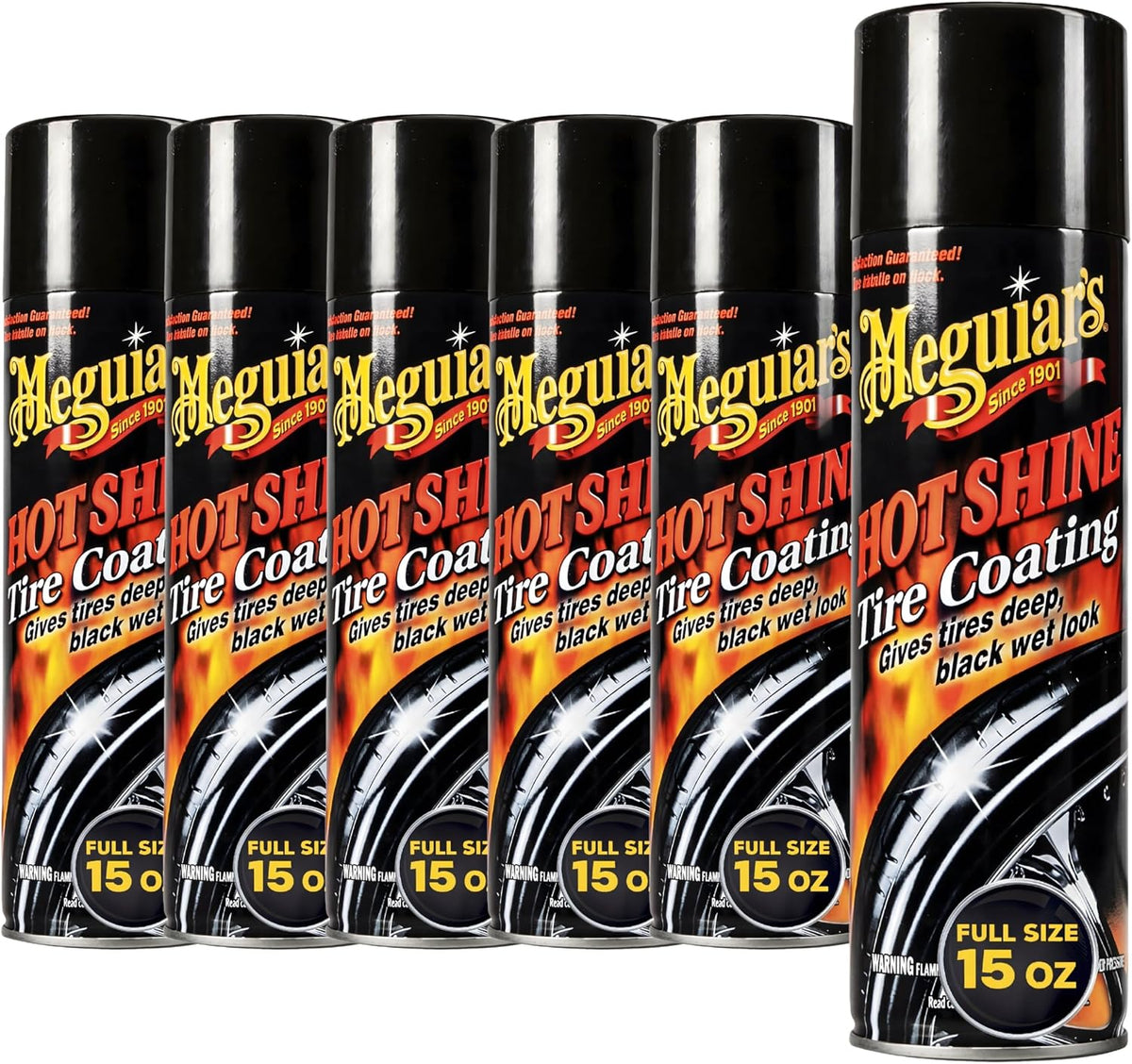 Hot Shine High Gloss Tire Coating, 6 Pack (6 x 15 oz = 90 oz Total) Aerosol Tire Shine Spray for Deep Black Wet Look Tires on Cars Trucks and SUVs After Car Wash Detailing