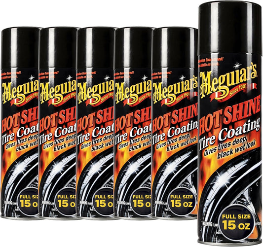 Hot Shine High Gloss Tire Coating, 6 Pack (6 x 15 oz = 90 oz Total) Aerosol Tire Shine Spray for Deep Black Wet Look Tires on Cars Trucks and SUVs After Car Wash Detailing - Cleanova